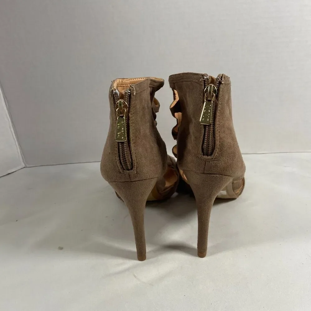 Yoki Womens Brown Suede Cage Cutout Peep Toe Sandal Bootie Heels